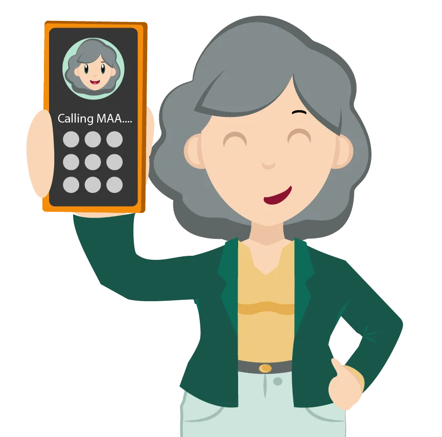 MAA holding up an orange phone that is calling MAA
